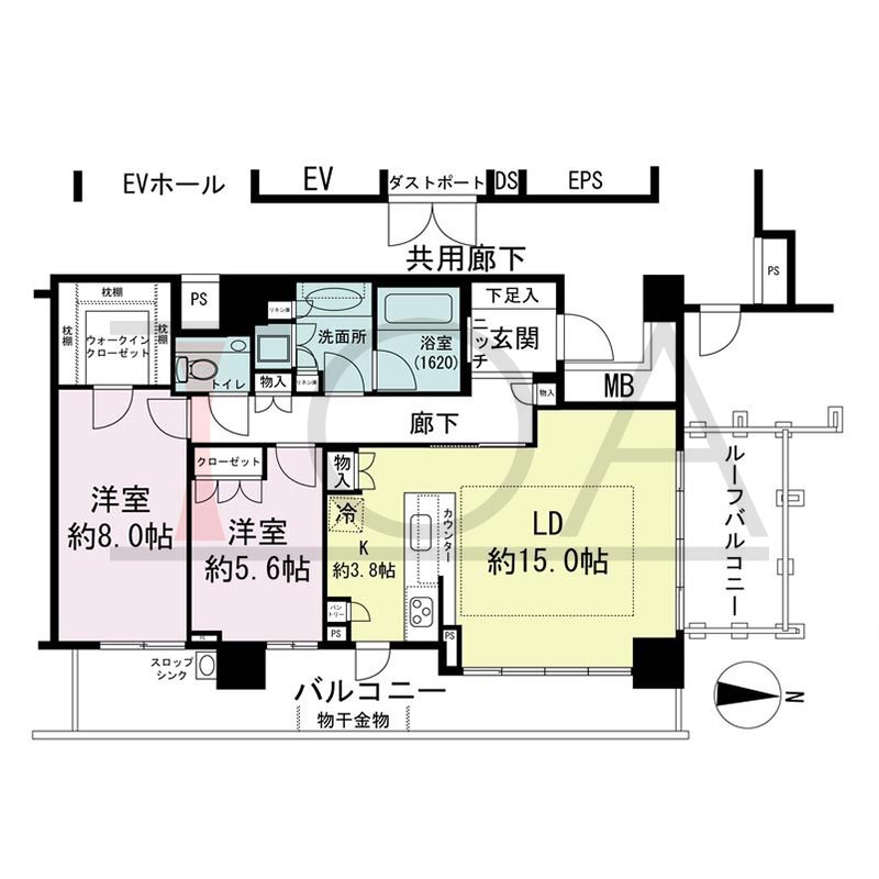 パークタワー梅田の間取り図 北東向き角 2LDK 専有面積82.60m2
バルコニー面積19.63m2
ルーフバルコニー面積8.00m2