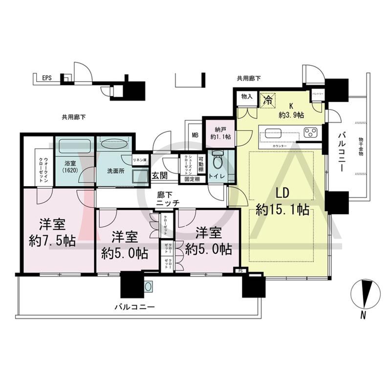 パークタワー梅田の間取り図 北西向き角 3LDK 専有面積87.52m2
バルコニー面積25.96m2