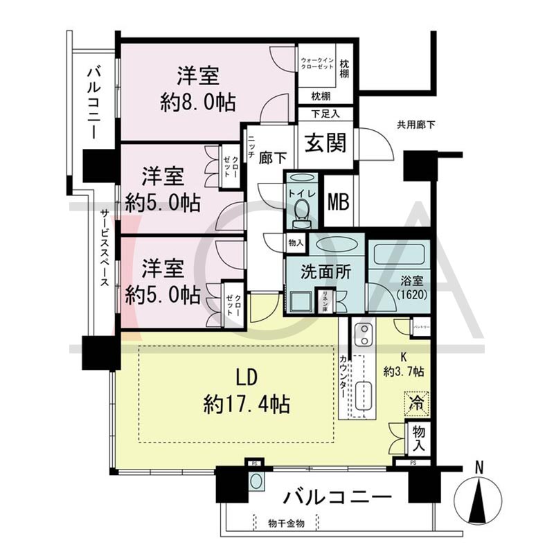 パークタワー梅田の間取り図 南西向き角 3LDK 専有面積89.30m2
バルコニー面積14.14m2
サービススペース面積4.20m2