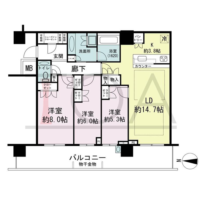 パークタワー梅田の間取り図 西向き 3LDK 専有面積88.29m2
バルコニー面積21.20m2