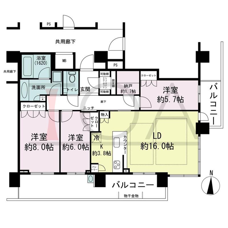 パークタワー梅田の間取り図 南東向き角 3LDK 専有面積94.68m2
バルコニー面積23.32m2