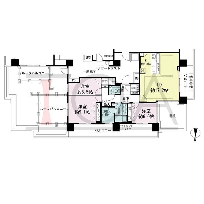 パークタワー梅田の間取り図 北西向き角 3LDK 専有面積95.61m2
バルコニー面積28.30m2
ルーフバルコニー面積14.44m2