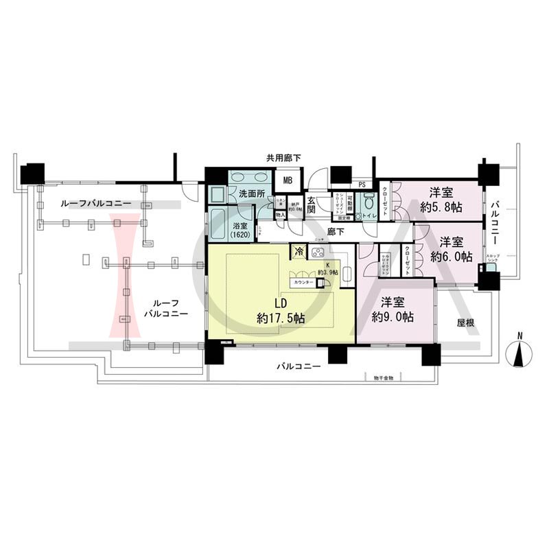 パークタワー梅田の間取り図 南東向き角 3LDK 専有面積99.43m2
バルコニー面積27.51m2
ルーフバルコニー面積15.21m2