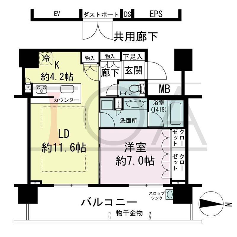 パークタワー梅田の間取り図 東向き 1LDK 専有面積54.35m2
バルコニー面積16.39m2