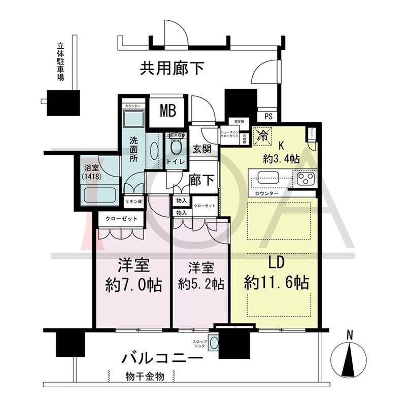 パークタワー梅田の間取り図 南向き 2LDK 専有面積62.52m2
バルコニー面積16.65m2