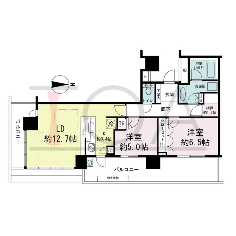 パークタワー梅田の間取り図 南東向き角 2LDK 専有面積66.22m2
バルコニー面積17.47m2から24.92m2のお部屋あり
サービススペース面積2.97m2から3.22m2のお部屋あり