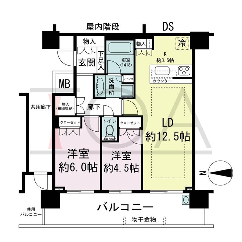 パークタワー梅田の間取り図 西向き 2LDK 専有面積62.68m2
バルコニー面積16.74m2