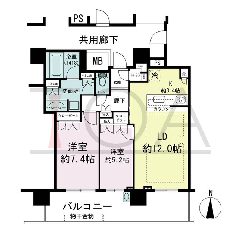 パークタワー梅田の間取り図 南向き 2LDK 専有面積65.46m2
バルコニー面積15.34m2から16.65m2のお部屋あり