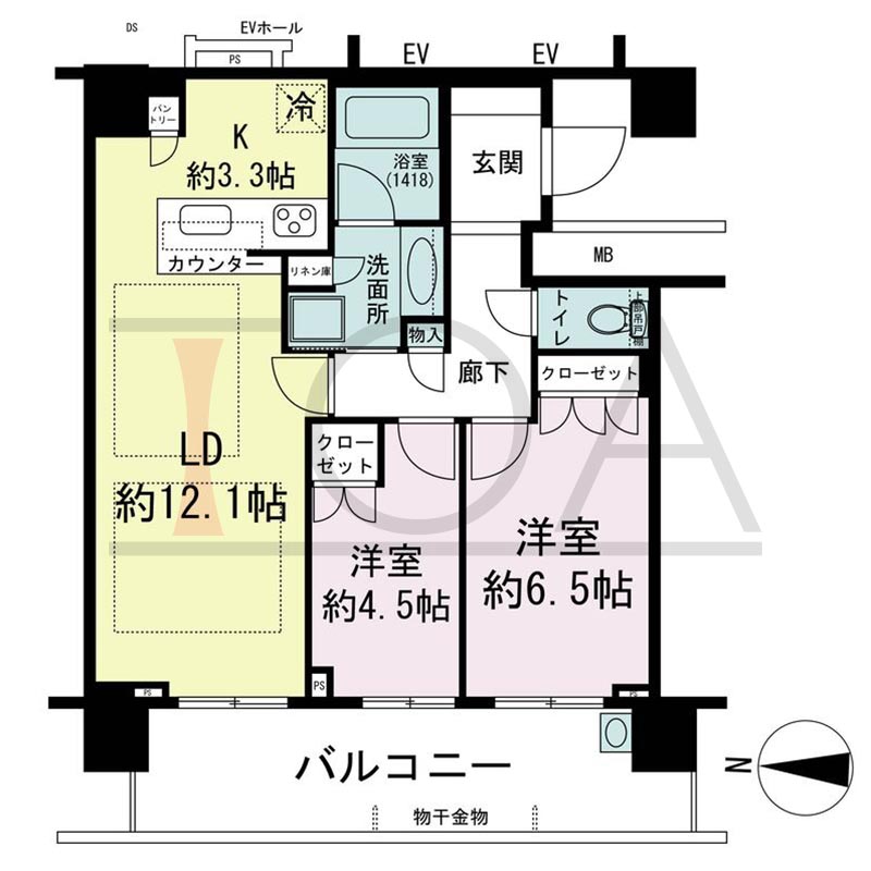 パークタワー梅田の間取り図 西向き 2LDK 専有面積62.58m2
バルコニー面積14.65m2