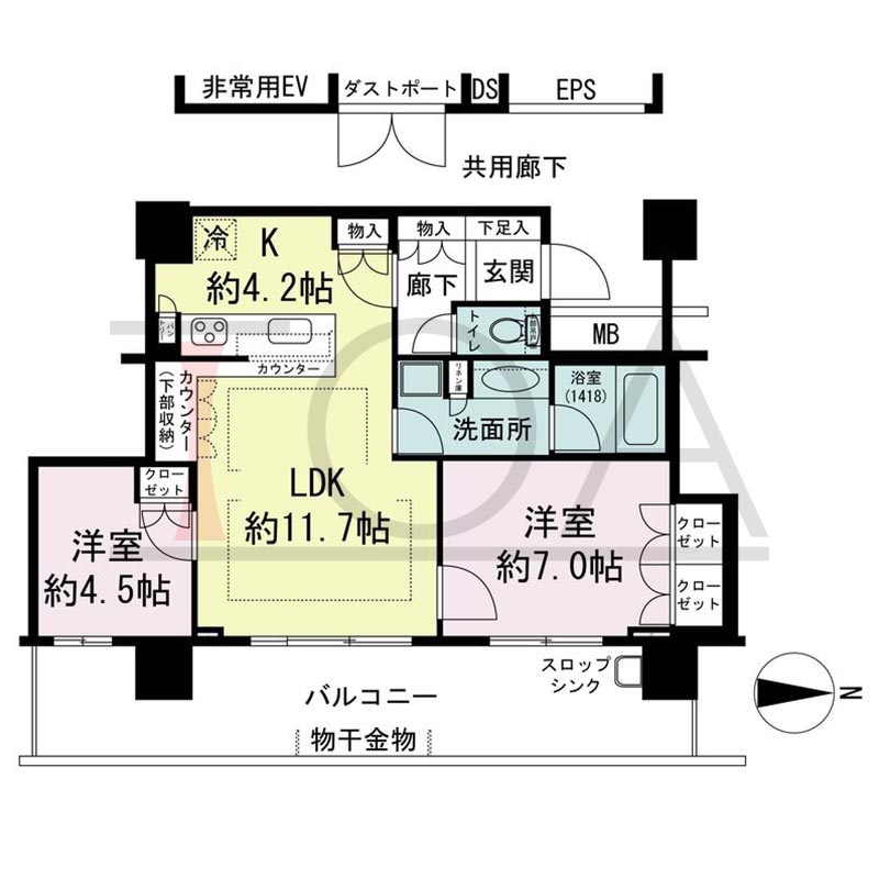 パークタワー梅田の間取り図 東向き 2LDK 専有面積63.41m2
バルコニー面積18.87m2から20.49m2のお部屋あり