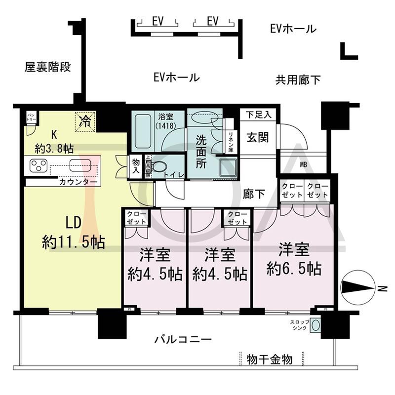 パークタワー梅田の間取り図 東向き 3LDK 専有面積71.77m2
バルコニー面積20.49m2
