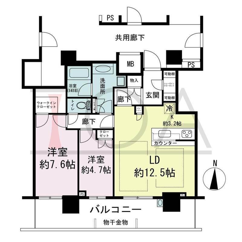 パークタワー梅田の間取り図 南向き 2LDK 専有面積68.61m2
バルコニー面積16.48m2