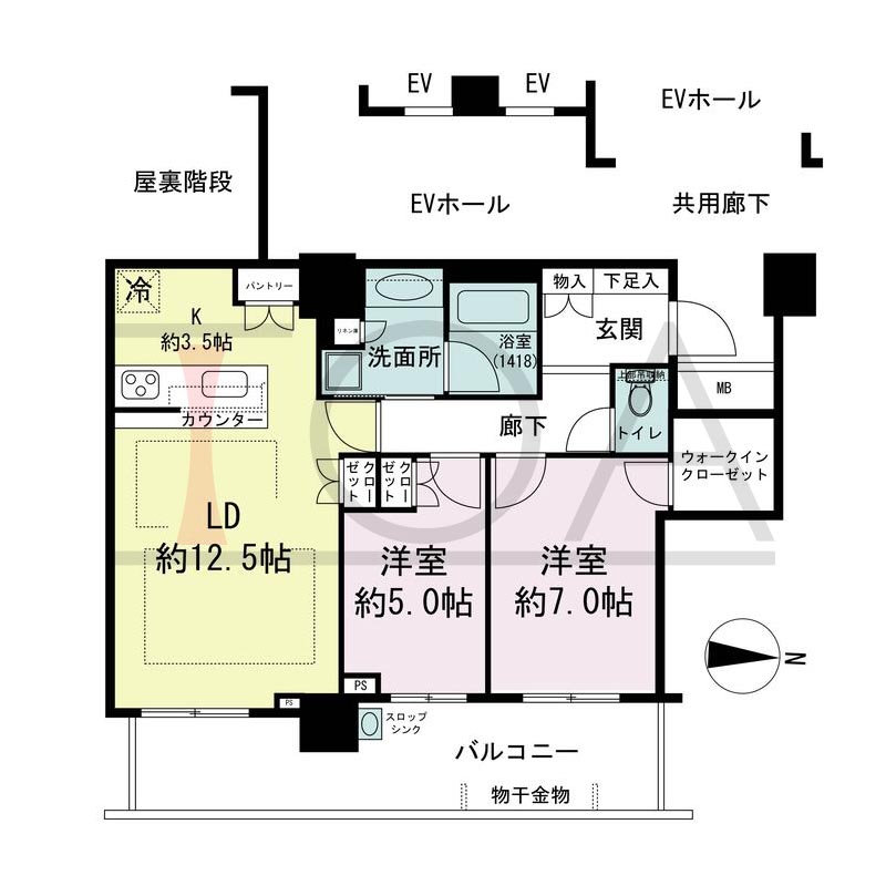 パークタワー梅田の間取り図 東向き 2LDK 専有面積68.31m2
バルコニー面積14.46m2から15.76m2のお部屋あり