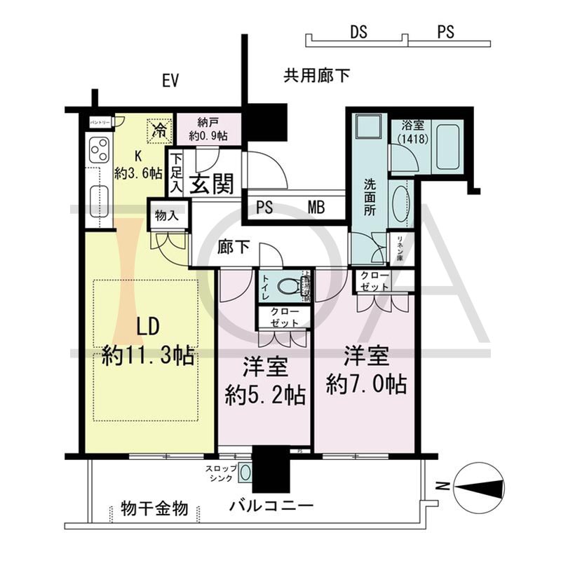 パークタワー梅田の間取り図 西向き 2LDK 専有面積67.51m2
バルコニー面積14.54m2