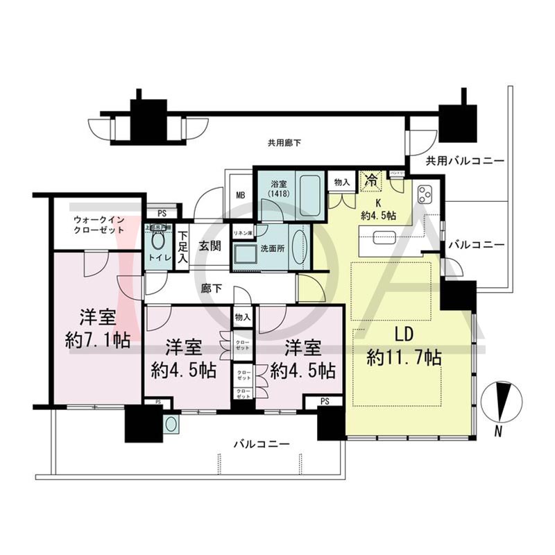 パークタワー梅田の間取り図 北西向き角 3LDK 専有面積74.74m2
バルコニー面積19.03m2から28.15m2のお部屋あり