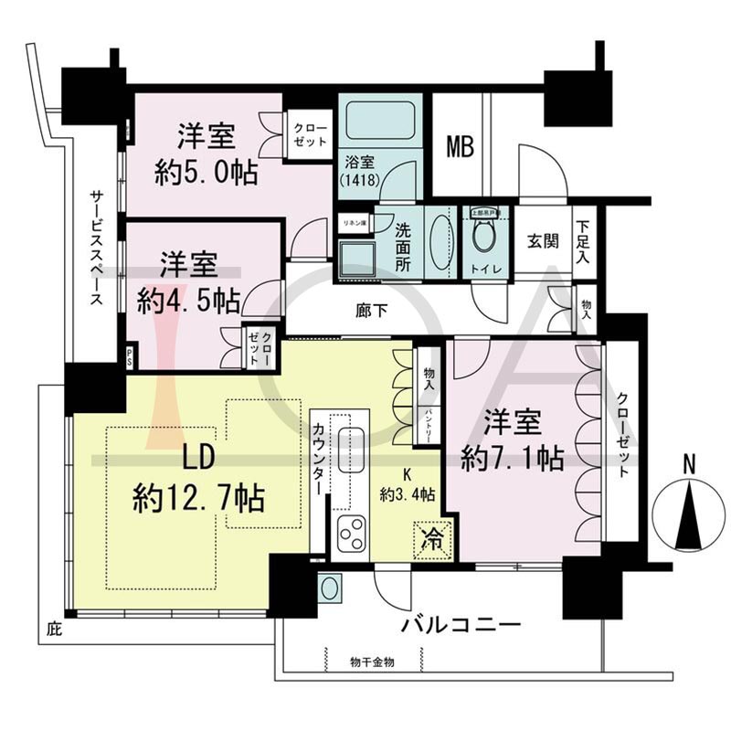 パークタワー梅田の間取り図 南西向き角 3LDK 専有面積75.11m2
バルコニー面積10.93m2
サービススペース面積4.24m2