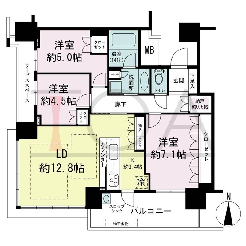 パークタワー梅田の間取り図 南西向き角 3LDK 専有面積75.43m2
バルコニー面積10.07m2から10.93m2のお部屋あり
サービススペース面積4.20m2
