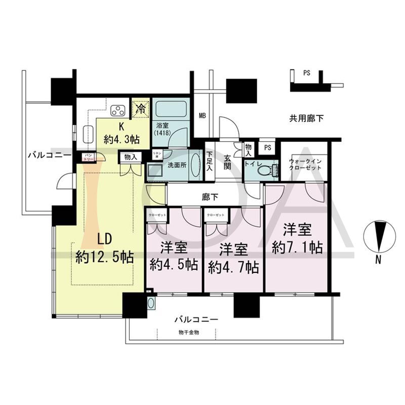 パークタワー梅田の間取り図 北東向き角 3LDK 専有面積74.31m2
バルコニー面積23.59m2