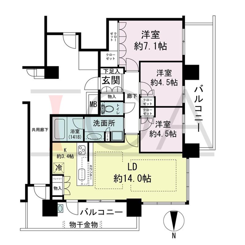 パークタワー梅田の間取り図 北西向き角 3LDK 専有面積75.55m2
バルコニー面積23.62m2から24.78m2のお部屋あり