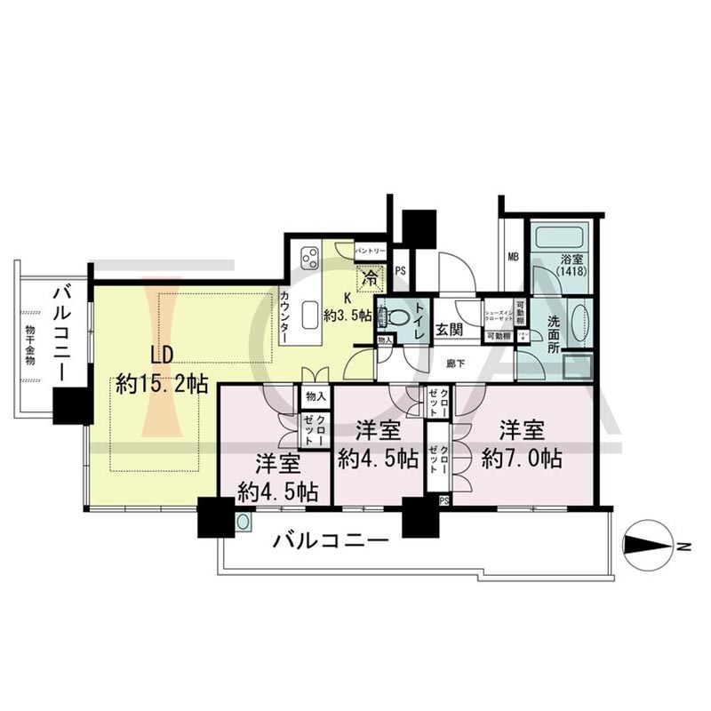 パークタワー梅田の間取り図 南東向き角 3LDK 専有面積76.07m2
バルコニー面積20.99m2から21.48m2のお部屋あり