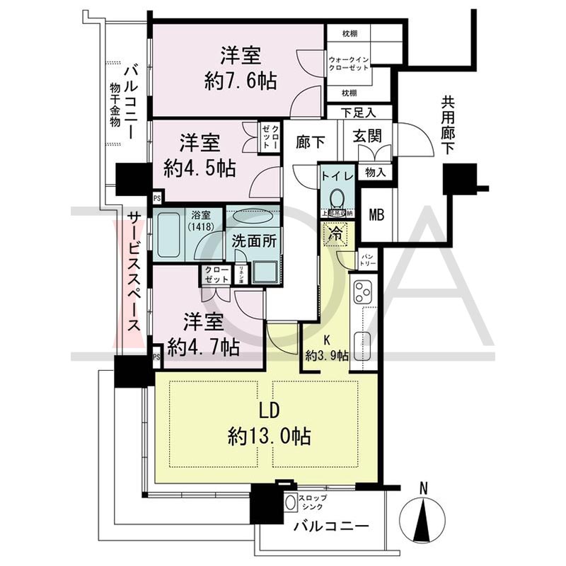 パークタワー梅田の間取り図 南西向き角 3LDK 専有面積79.02m2
バルコニー面積11.38m2
サービススペース面積4.20m2