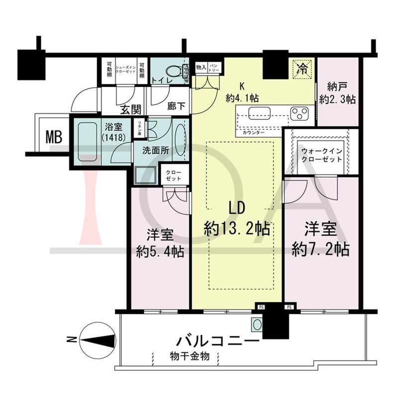 パークタワー梅田の間取り図 西向き 2LDK 専有面積72.65m2
バルコニー面積14.46m2から15.45m2のお部屋あり