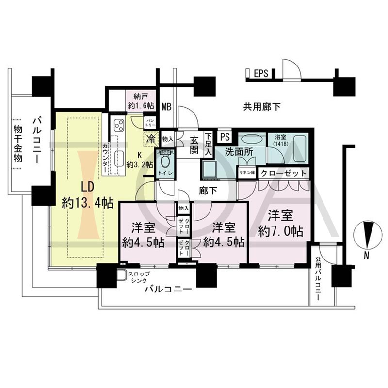 パークタワー梅田の間取り図 北東向き角 3LDK 専有面積76.50m2
バルコニー面積23.77m2から24.41m2のお部屋あり