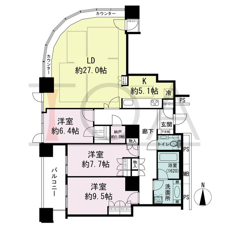 ザ・梅田タワーの間取り図 北西向き角 3LDK 専有面積126.93m2
バルコニー面積10.53m2