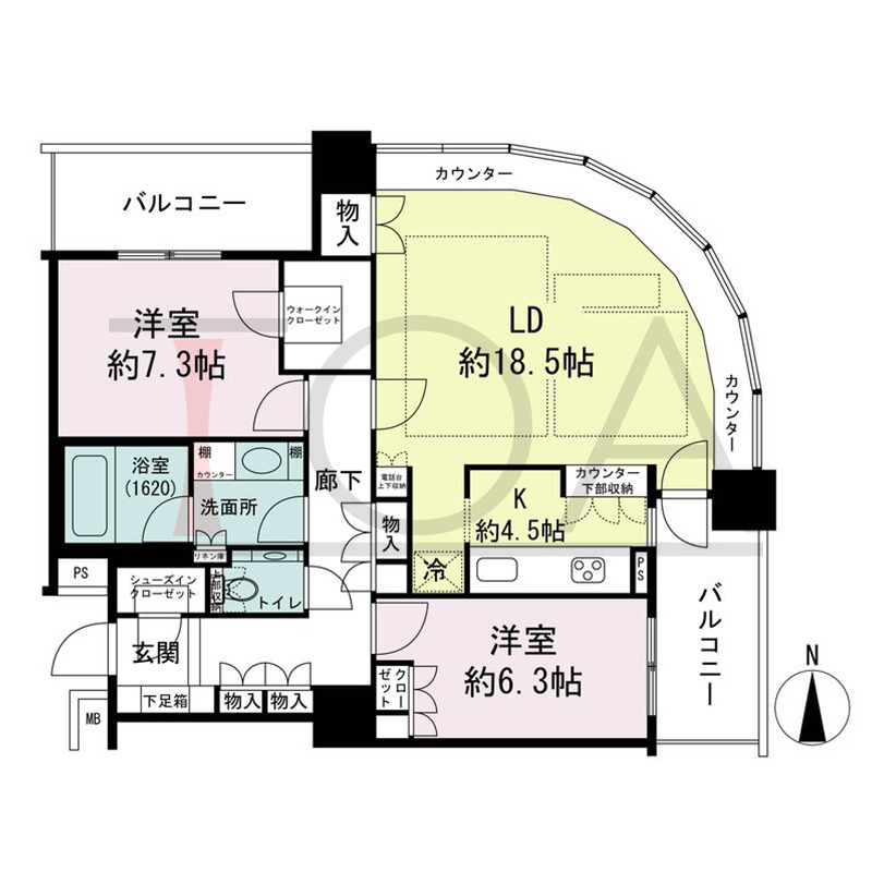 ザ・梅田タワーの間取り図 北東向き角 2LDK 専有面積90.23m2
バルコニー面積14.94m2