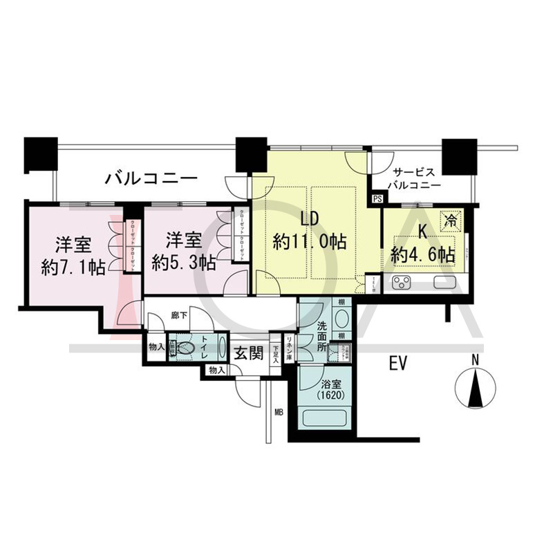 ザ・梅田タワーの間取り図 北向き 2LDK 専有面積69.34m2
バルコニー面積10.87m2
サービスバルコニー面積5.46m2