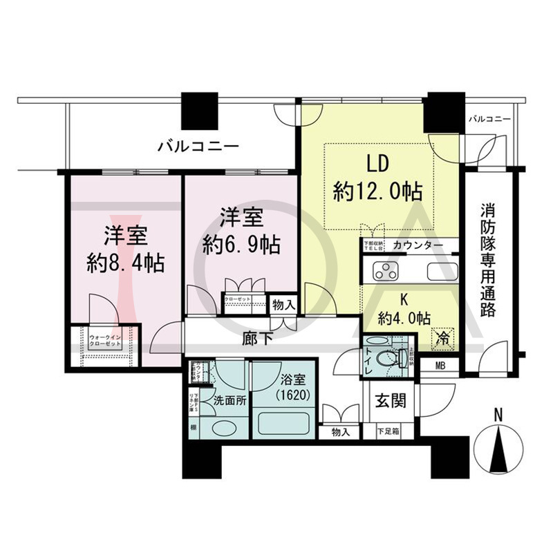 ザ・梅田タワーの間取り図 北向き 2LDK 専有面積75.10m2
バルコニー面積13.18m2