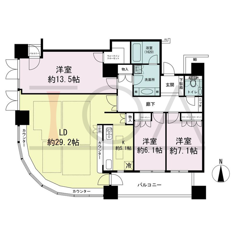 ザ・梅田タワーの間取り図 南西向き角 3LDK 専有面積129.63m2
バルコニー面積12.46m2