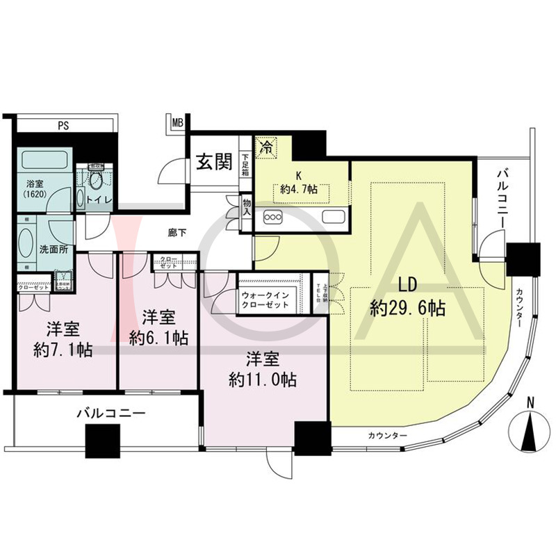 ザ・梅田タワーの間取り図 南東向き角 3LDK 専有面積125.95m2
バルコニー面積15.88m2