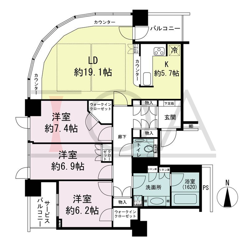 ザ・梅田タワーの間取り図 北西向き角 3LDK 専有面積108.10m2
バルコニー面積5.44m2
サービスバルコニー面積5.26m2