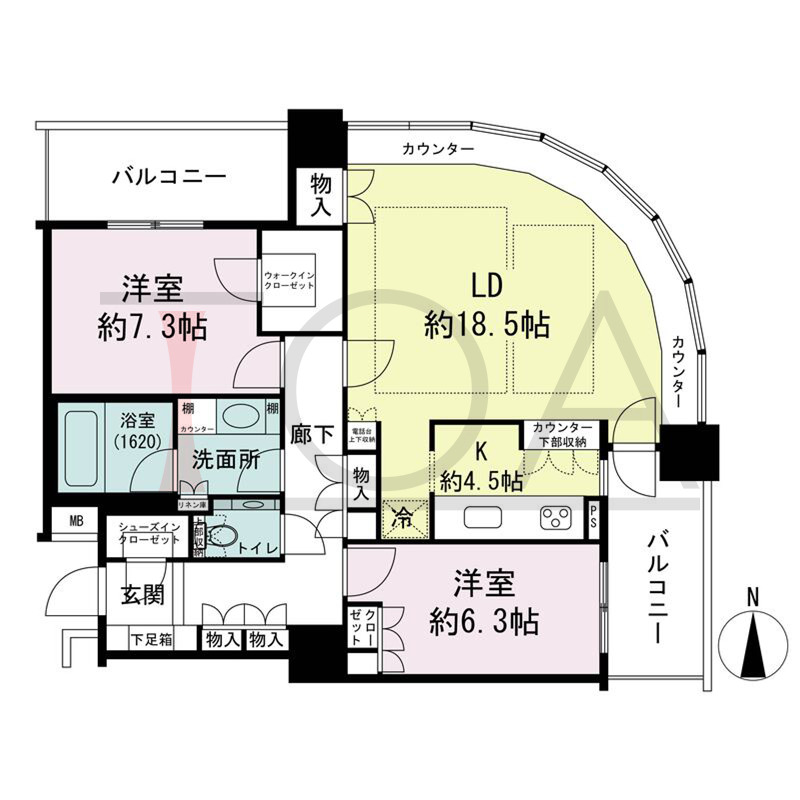 ザ・梅田タワーの間取り図 北東向き角 2LDK 専有面積90.23m2
バルコニー面積14.94m2