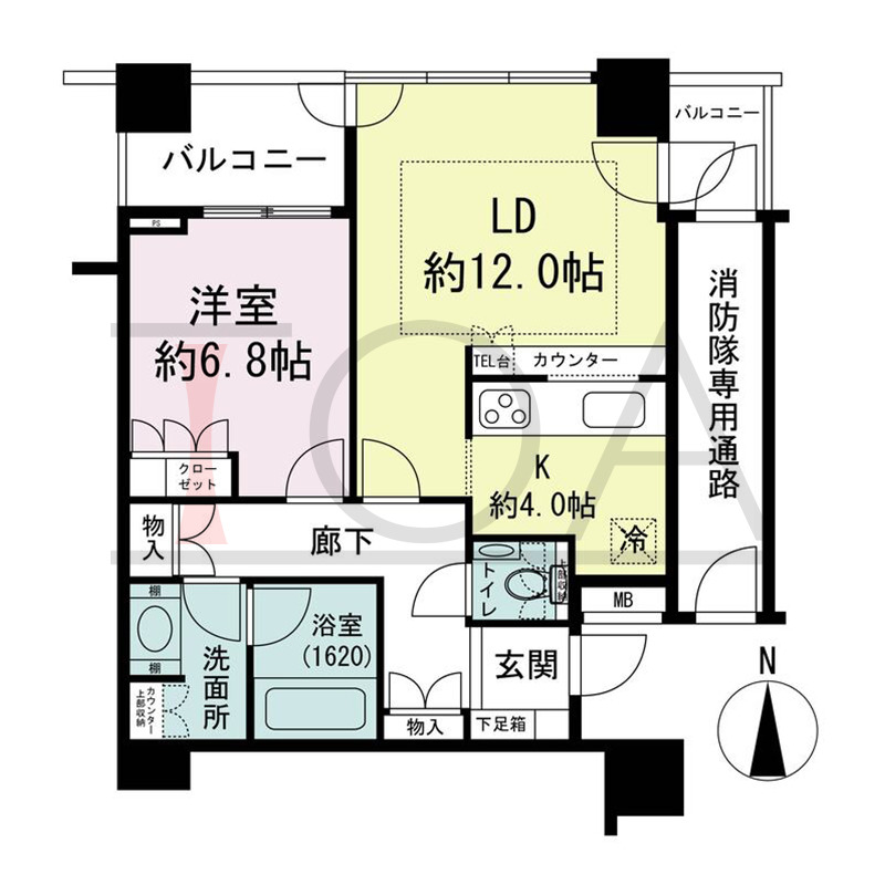 ザ・梅田タワーの間取り図 北向き 1LDK 専有面積57.34m2
バルコニー面積7.29m2