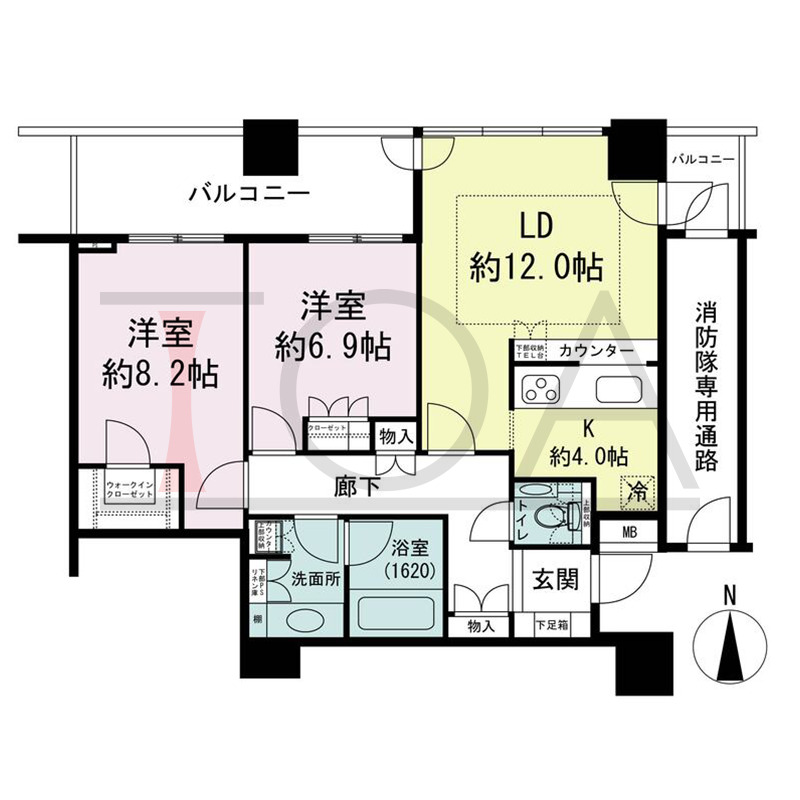 ザ・梅田タワーの間取り図 北向き 2LDK 専有面積75.10m2
バルコニー面積13.18m2