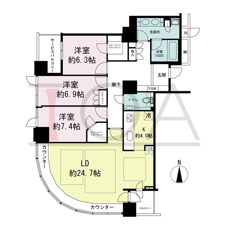 ザ・梅田タワーの間取り図 南西向き角 3LDK 専有面積114.69m2
バルコニー面積3.24m2
サービスバルコニー面積5.26m2