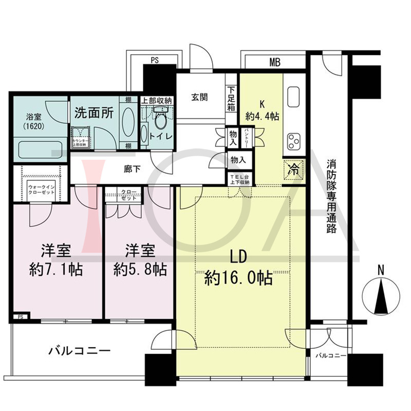 ザ・梅田タワーの間取り図 南向き 2LDK 専有面積80.16m2
バルコニー面積11.49m2