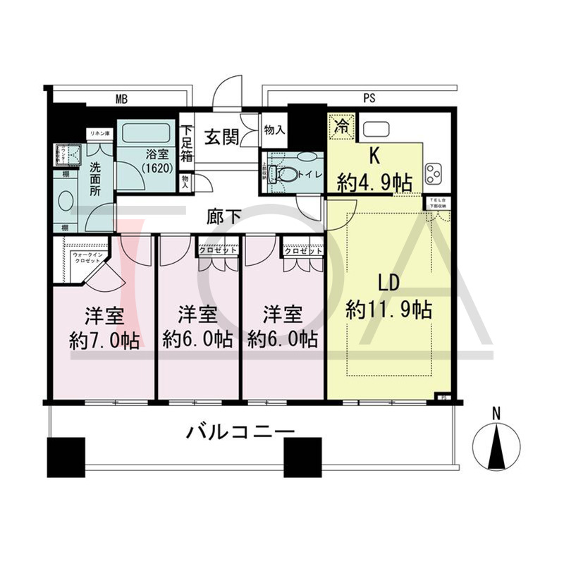 ザ・梅田タワーの間取り図 南向き 3LDK 専有面積88.00m2
バルコニー面積19.80m2