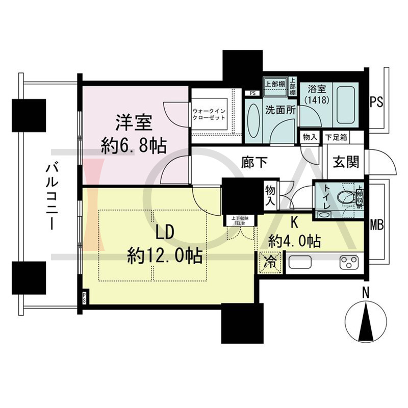 ザ・梅田タワーの間取り図 西向き 1LDK 専有面積59.78m2
バルコニー面積12.51m2