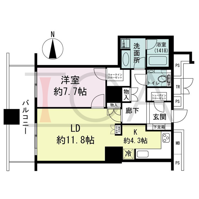ザ・梅田タワーの間取り図 西向き 1LDK 専有面積61.49m2
バルコニー面積11.20m2
