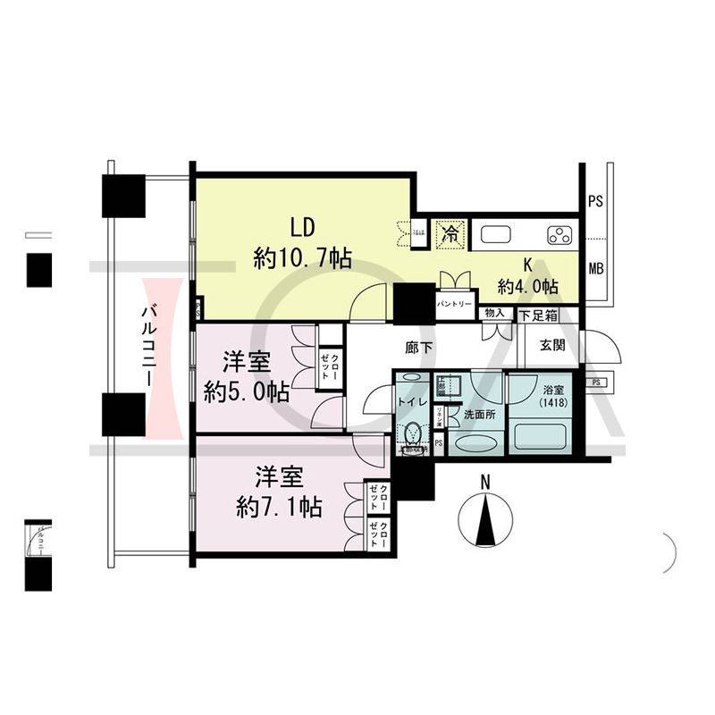 ザ・梅田タワーの間取り図 西向き 2LDK 専有面積64.37m2
バルコニー面積15.52m2