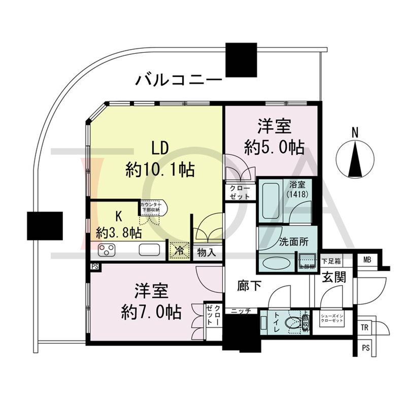 ザ・梅田タワーの間取り図 北西向き角 2LDK 専有面積64.70m2
バルコニー面積28.35m2