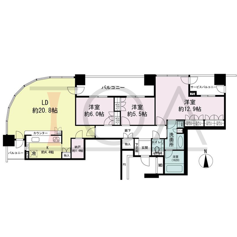 ザ・梅田タワーの間取り図 北西向き角 3LDK 専有面積111.71m2
バルコニー面積16.29m2
サービスバルコニー面積5.46m2