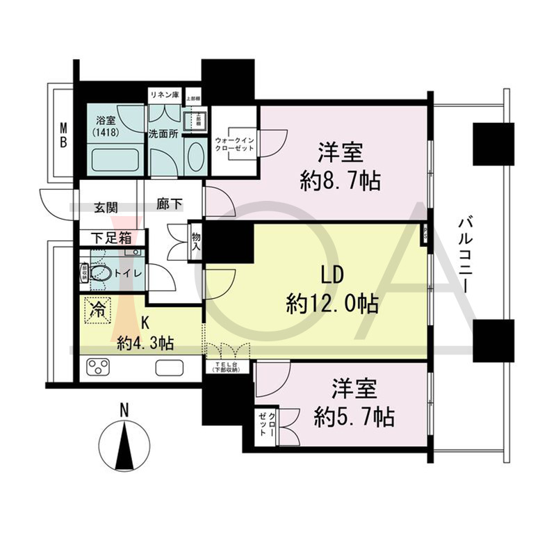 ザ・梅田タワーの間取り図 東向き 2LDK 専有面積71.99m2
バルコニー面積15.52m2