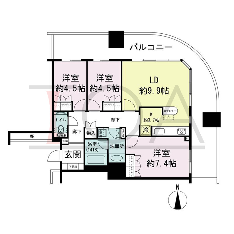 ザ・梅田タワーの間取り図 北東向き角 3LDK 専有面積73.30m2
バルコニー面積31.59m2