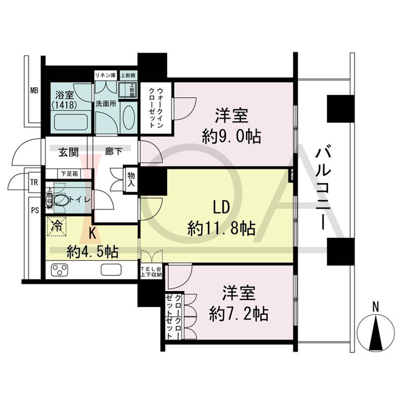 ザ・梅田タワーの間取り図 東向き 2LDK 専有面積74.84m2
バルコニー面積16.60m2