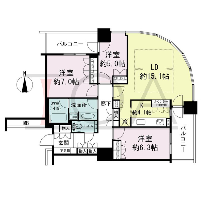 ザ・梅田タワーの間取り図 北東向き角 3LDK 専有面積88.25m2
バルコニー面積14.13m2