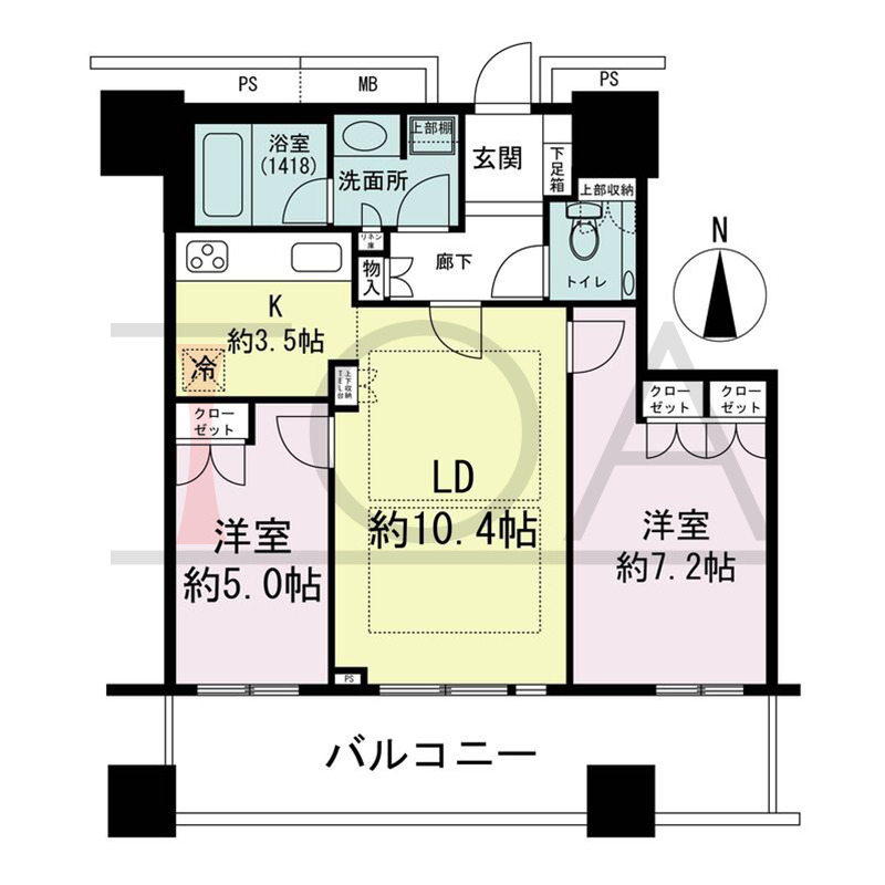 ザ・梅田タワーの間取り図 南向き 2LDK 専有面積59.61m2
バルコニー面積14.85m2